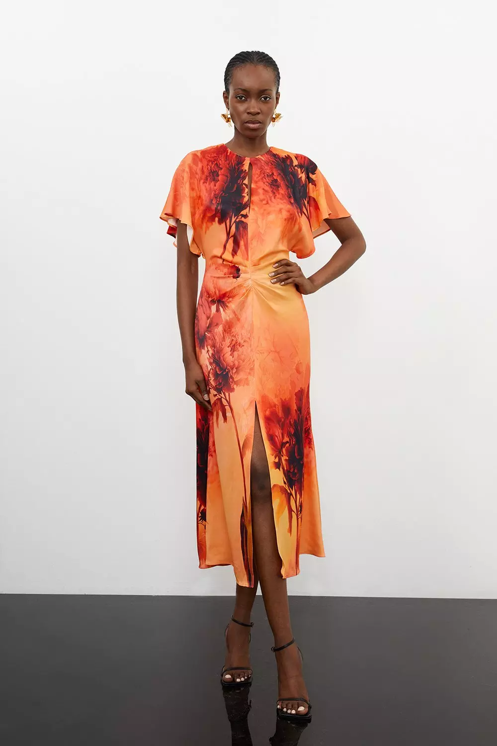 Karen Millen Womens Floral Print Satin Crepe Woven Angel Sleeve Midi Dress Orange Size 4